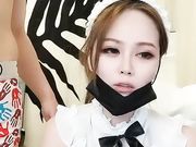 情趣女仆白皙美乳妹子和炮友双人啪啪 口交椅子上位骑乘
